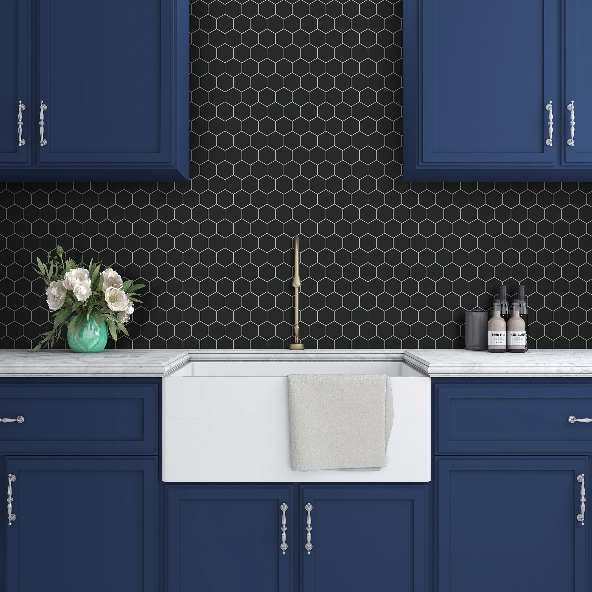 Sunwings Peel and Stick Backsplash Tile in Hexagon for Kitchen Bathroom Fireplace (10 Tiles,  Black)