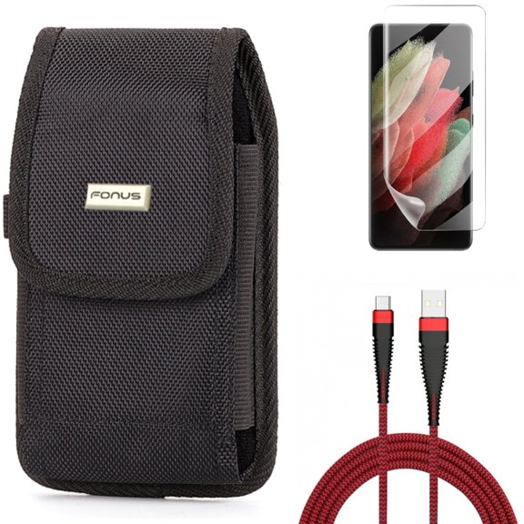 Case Belt Clip & 10ft USB Cable & Matte Screen Protector for Samsung Galaxy S21 Ultra Phone - Rugged Holster & Type-C Charger Cord & TPU Film Anti-Glare Accessory Bundle