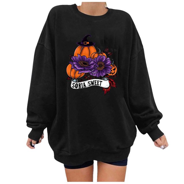 KIHOUT Chandails en Molleton pour Femmes Imprimé Citrouille Pull Ample Graphique Manches Longues Épaules Tombantes Col Rond Surdimensionné Mignon Automne Hiver Halloween Sans Capuche, Taille S-2TG