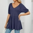 thumbnail image 2 of Women Summer Loose Top Mid Length Puff Sleeve V Neck Ruffle Hem Blouse for Female Navy Blue S, 2 of 7
