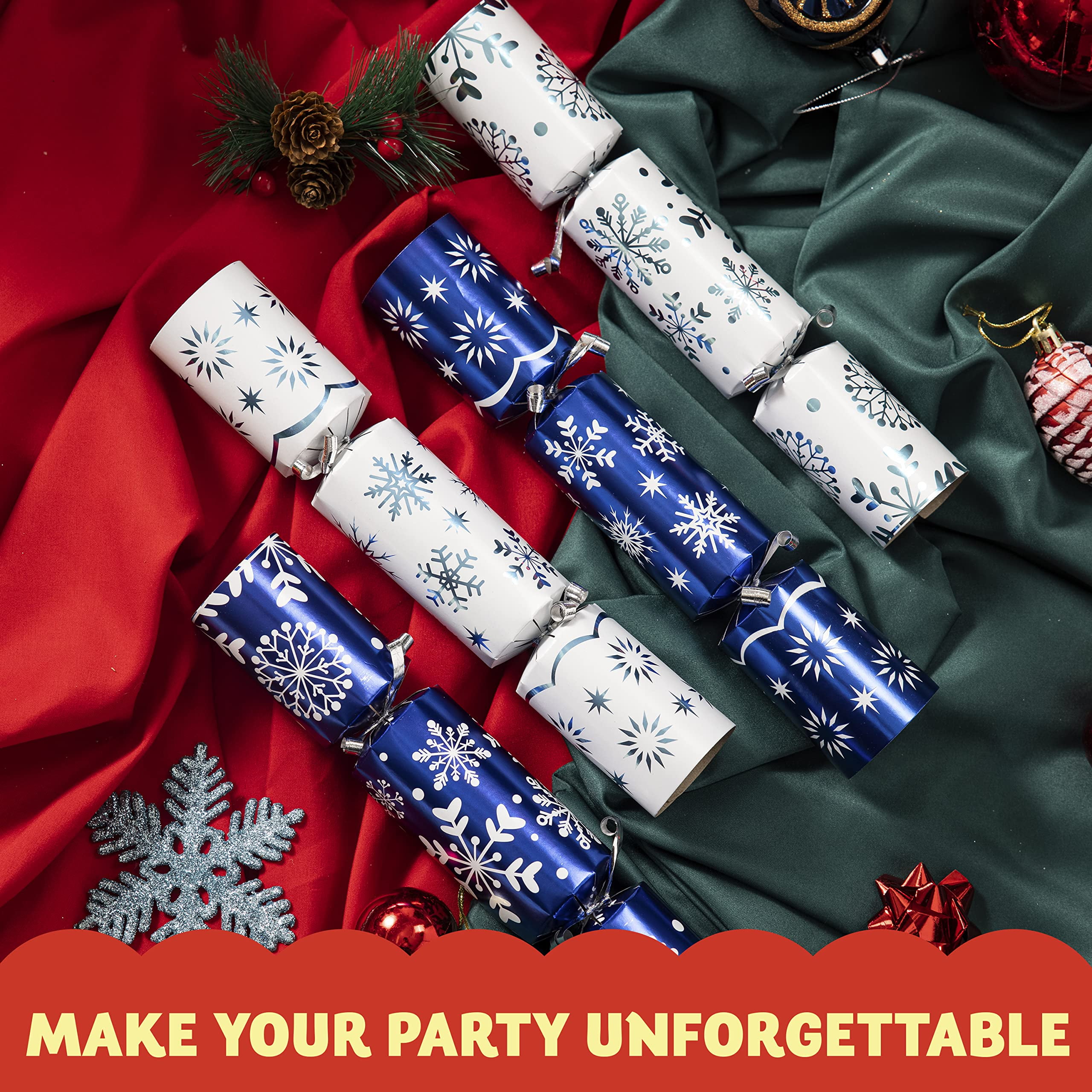 B-THERE 12 Inch Christmas Crackers Luxery Set with Novelty Toy, Paper Hat,  & Joke - Set of 8 Crackers (Red, White, Green Traditional)