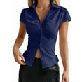 thumbnail image 3 of Women'S Ruched Button Up Blouses Collar V Neck Short Sleeve Work Shirts Navy Blue S, 3 of 7