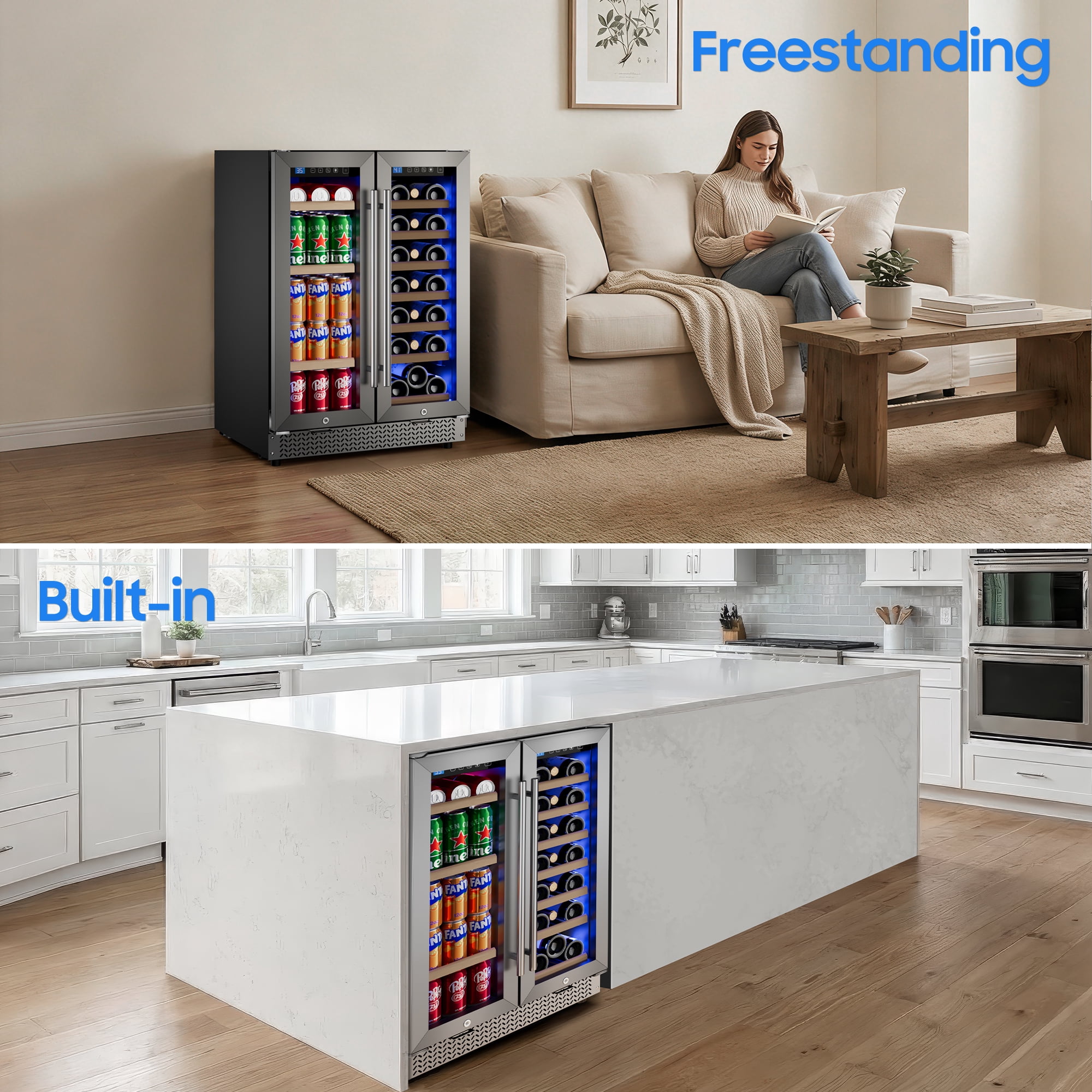 AVAHUM 24 Inch 21-Bottle & 88-Can Dual Zone Wine and Beverage Refrigerator, Under Counter Built-In Fridge, Round Handle