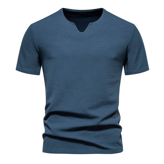 WREESH Men's Notch Neck Muscle Shirts Slim Solid Color Fashion Pullover Short Sleeve Blue