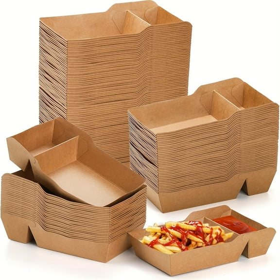 Disposable Kraft Paper 2-Compartment Food Serving Tray, 50 Pack