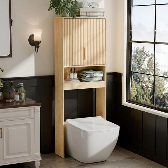 CZMJY Fluted Over The Toilet Storage Cabinet, Modern Behind Toilet Cabinet Bathroom Organizer with 2 Fluted Doors,Wood Storage Organizer Freestanding with Adjustable Shelf for Bathroom,Natural Oak