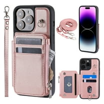 Crossbody Wallet Case for iPhone 14 Pro Max with Card Slot Holder, Magnetic Flip Folio Purse Case, PU Leather Zipper Handbag with Detachable Lanyard Strap & Shoulder Strap, Rosegold