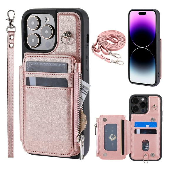 Crossbody Wallet Case for iPhone 12/12 Pro with Card Slot Holder, Magnetic Flip Folio Purse Case, PU Leather Zipper Handbag with Detachable Lanyard Strap & Shoulder Strap, Rosegold