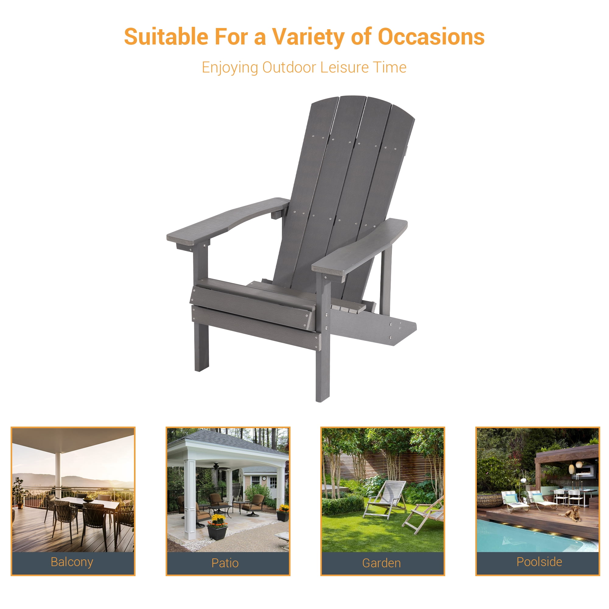 ACEGOSES Patio Adirondack Chairs Set of 4 Outdoor Plastic Single Chair 300 Lbs for Deck and Balcony Multi-Use Like Real Wood, Gray