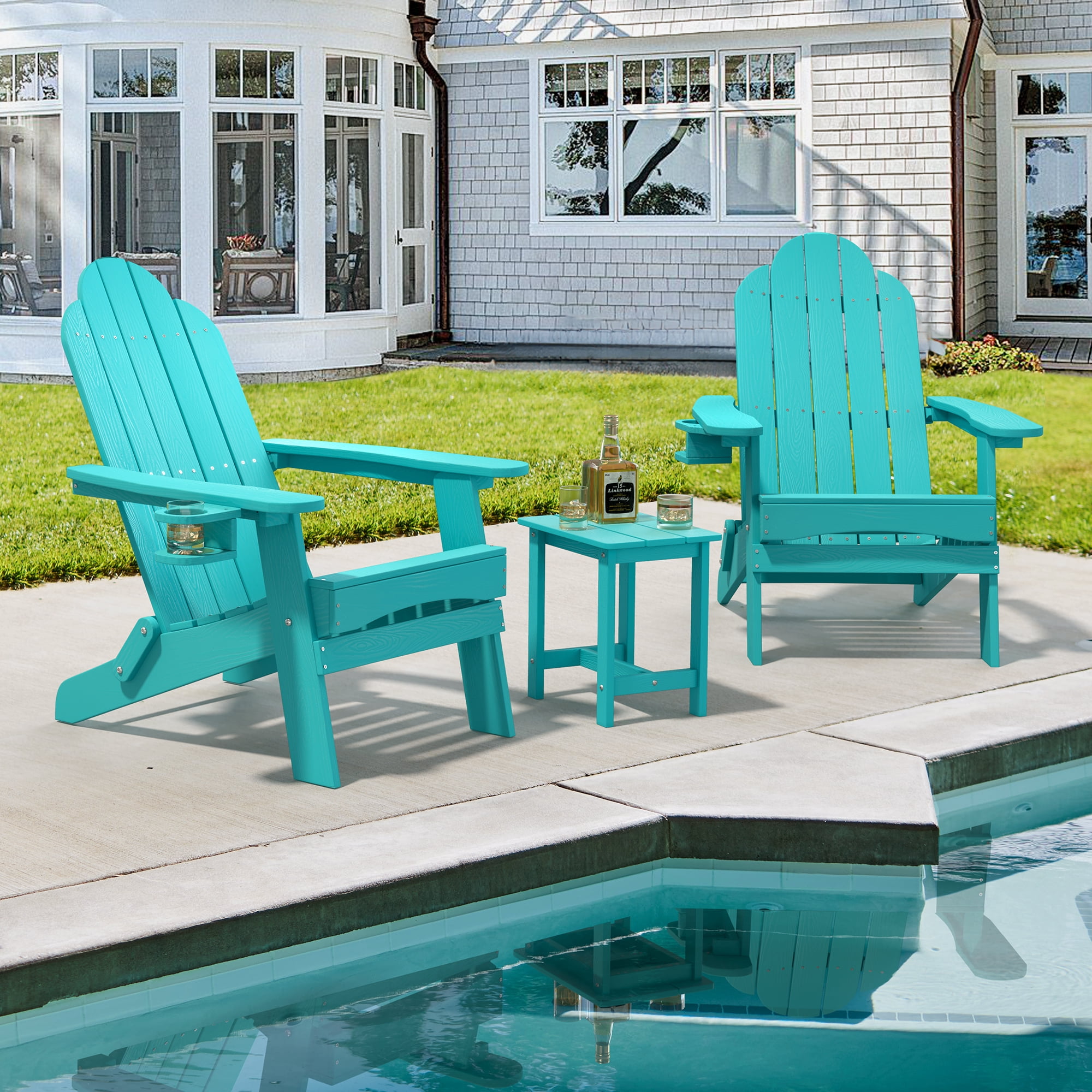 Dycanpo Folding Adirondack Chair Set of 2,Fire Pit Patio Garden Chair with Cup Holder, Aruba Blue