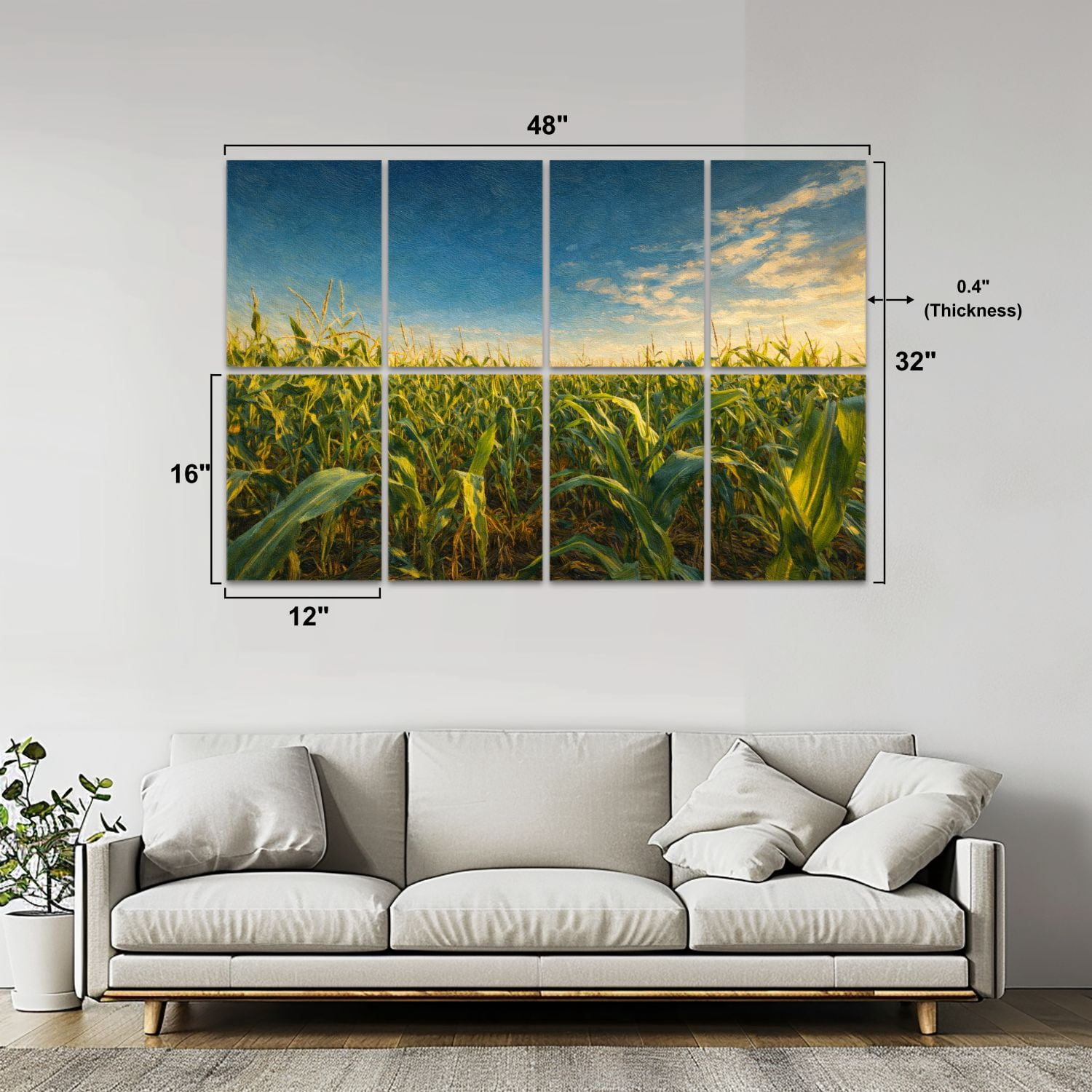 Rustic Farmhouse 8 Pack Art Acoustic Panels Sound Absorbing Green Maize Corn Field Plantation Summer Agricultural Season Decorative Soundproof Wall Panels Self Adhesive for Game Room Bedroom 48"x32"