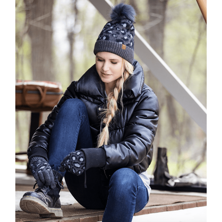 Britt's Knits Women’s Leopard Print Beanie – Cozy Ribbed Cuff, Vegan Fur Pom, Winter Hat