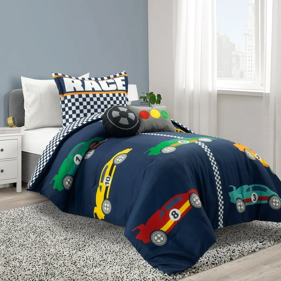 Lush D?cor Racing Cars Reversible Oversized Comforter Navy 4Pc Set Twin
