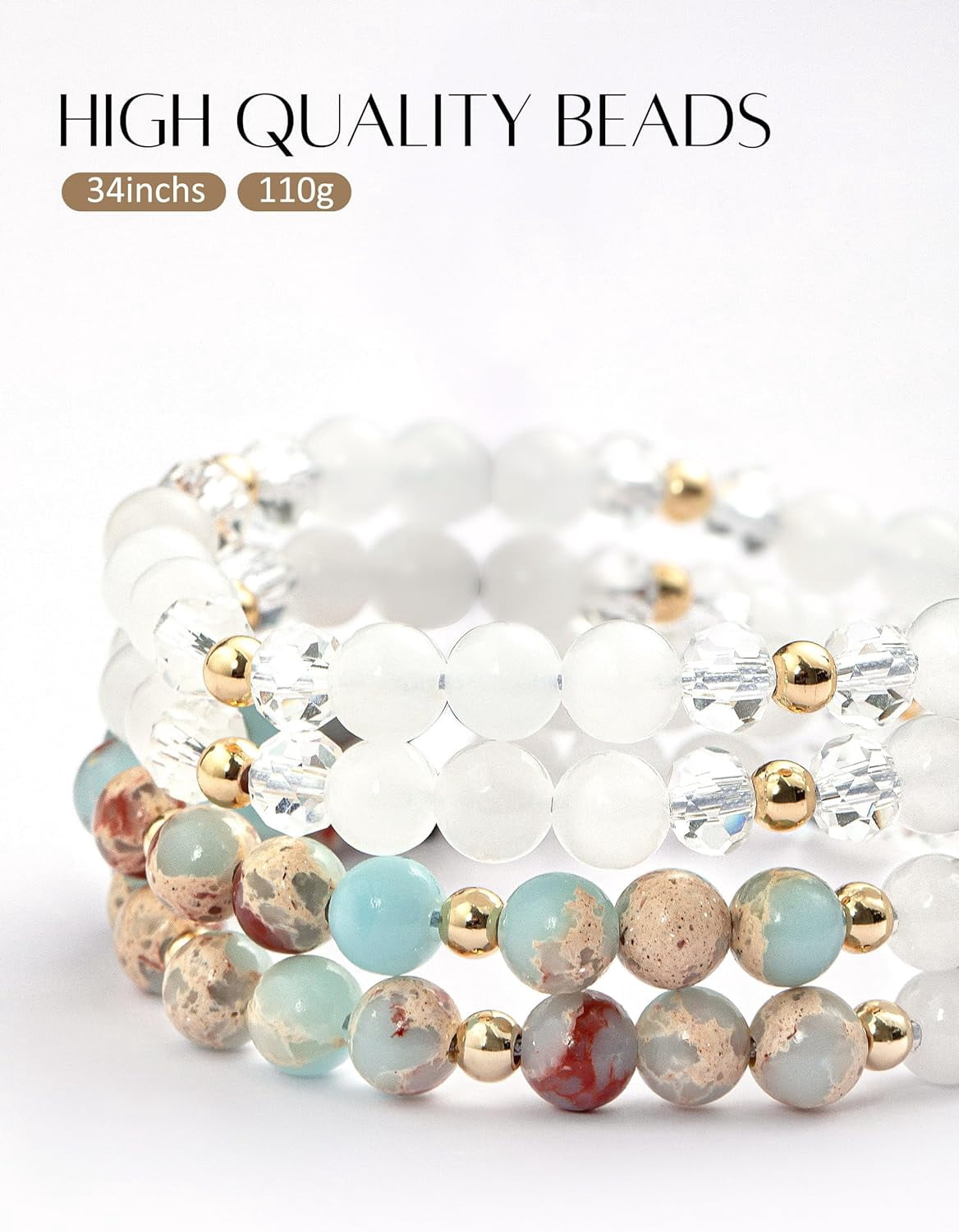 Lanyards for ID Badges and Keys, Retractable Beaded Lanyards for Women Natural Stone, Cute Teacher Lanyard with ID Holder Light Cyan