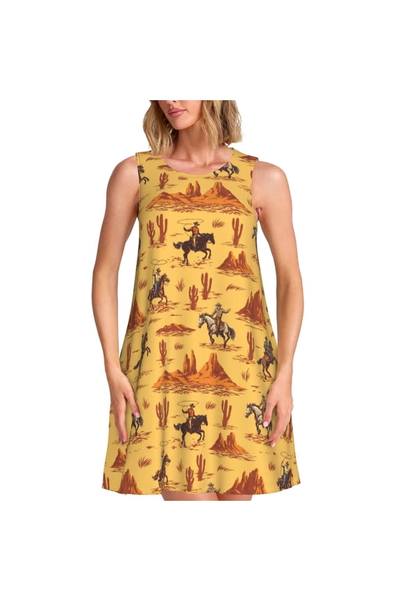 Brave Cowboys Pattern Women's Summer Dresses 2025 Beach Casual Sleeveless Tank Loose Sundress Beach Vacation Clothes with Pocket -Small