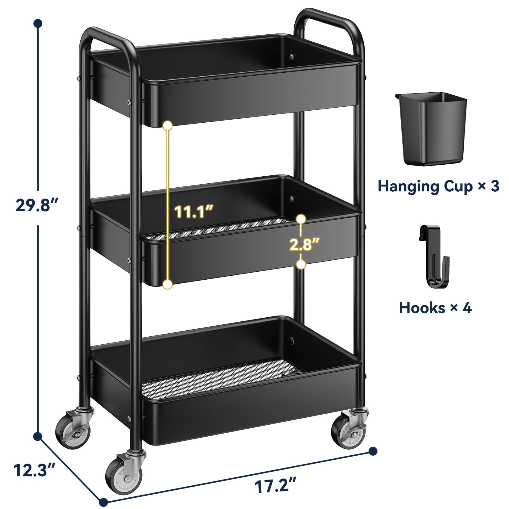 3 Tier Rolling Cart - Metal Utility Cart with Wheels, Hanging Cups, Hooks, Heavy Duty Mesh Rolling Storage Cart Organizer, Craft Cart for Kitchen Office, Lightweight and Sturdy