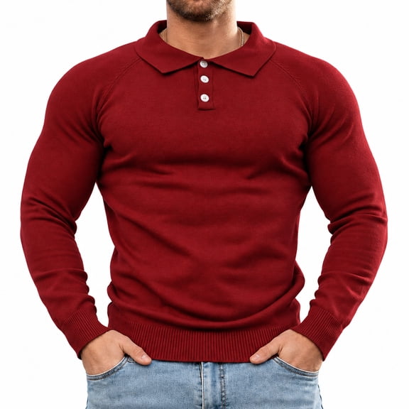 Smawell Men's Polo Sweater Long Sleeve Knit Shirt, Slim Fit Soft Stretch 3-Button Pullover for Business Casual & Weekend Wear