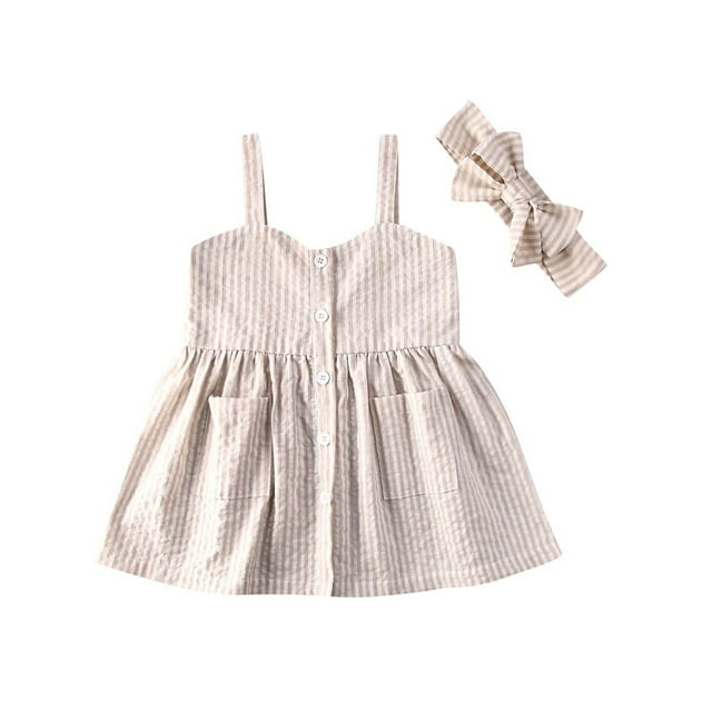 Baby Girl Dress Summer Sleeveless Kid’s Clothes Striped Buttons with Pockets Headband