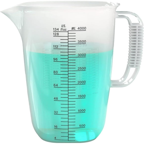 shiyou-1 Gallon Measuring Pitcher,4 Liter Large Measuring Cup with Spout, 134oz Plastic Measuring Pitcher with Conversion Chart, 1 Gallon Measuring Container for Motor Oil, Chemicals, Pools, Lawns