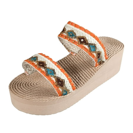 

WNVMWI Sandals Women Sandles Summer Keen Sandals for Women Orange Shoes Slippers Flip Flops Summer Bohemian Style Rope Weaving Beach Slope Heel Large Size Sandals Slippers Black Sandals Size 37