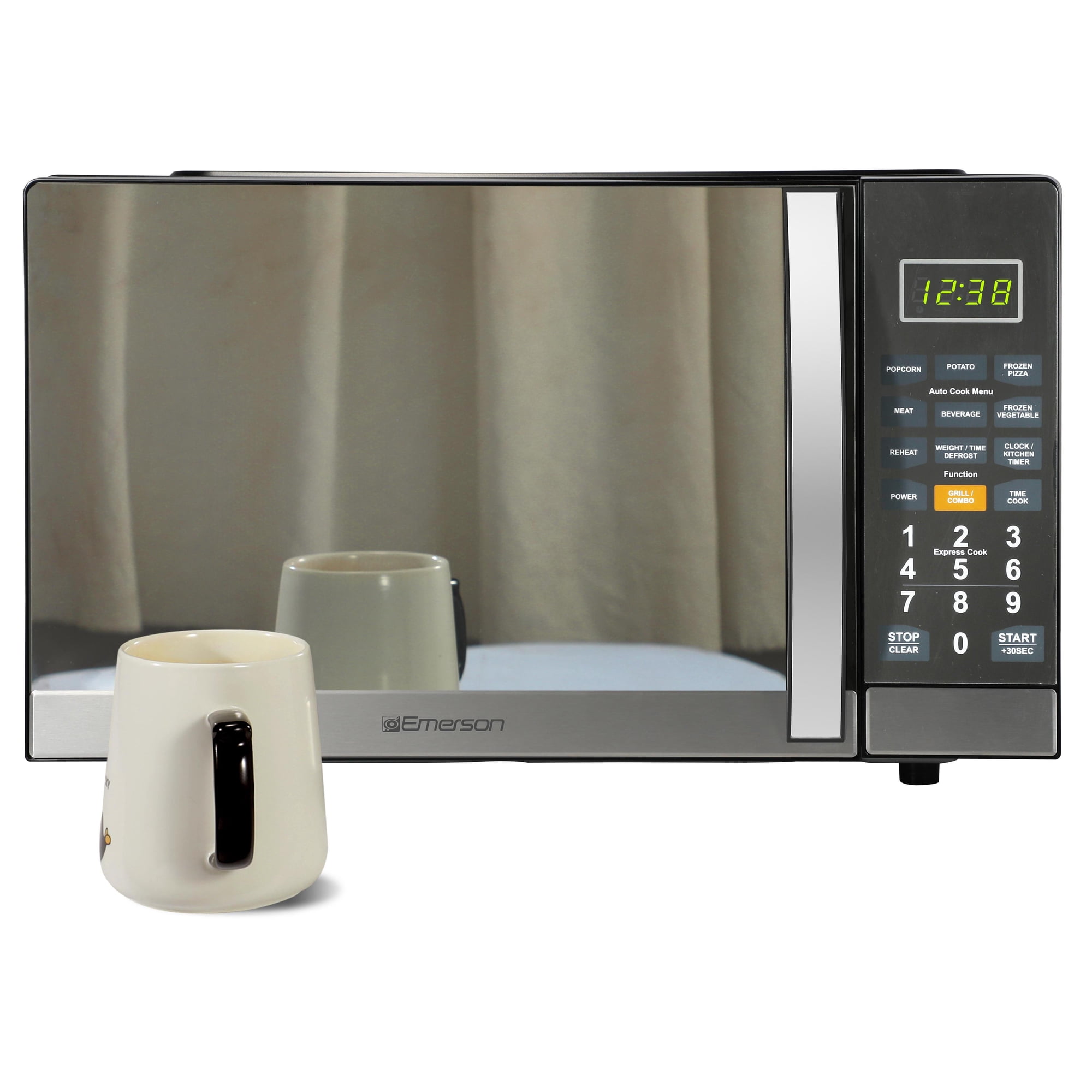 Emerson 1.1 Cu Ft, 1100W Mirror Finish Countertop Microwave Oven with Grill, MWG1191SB