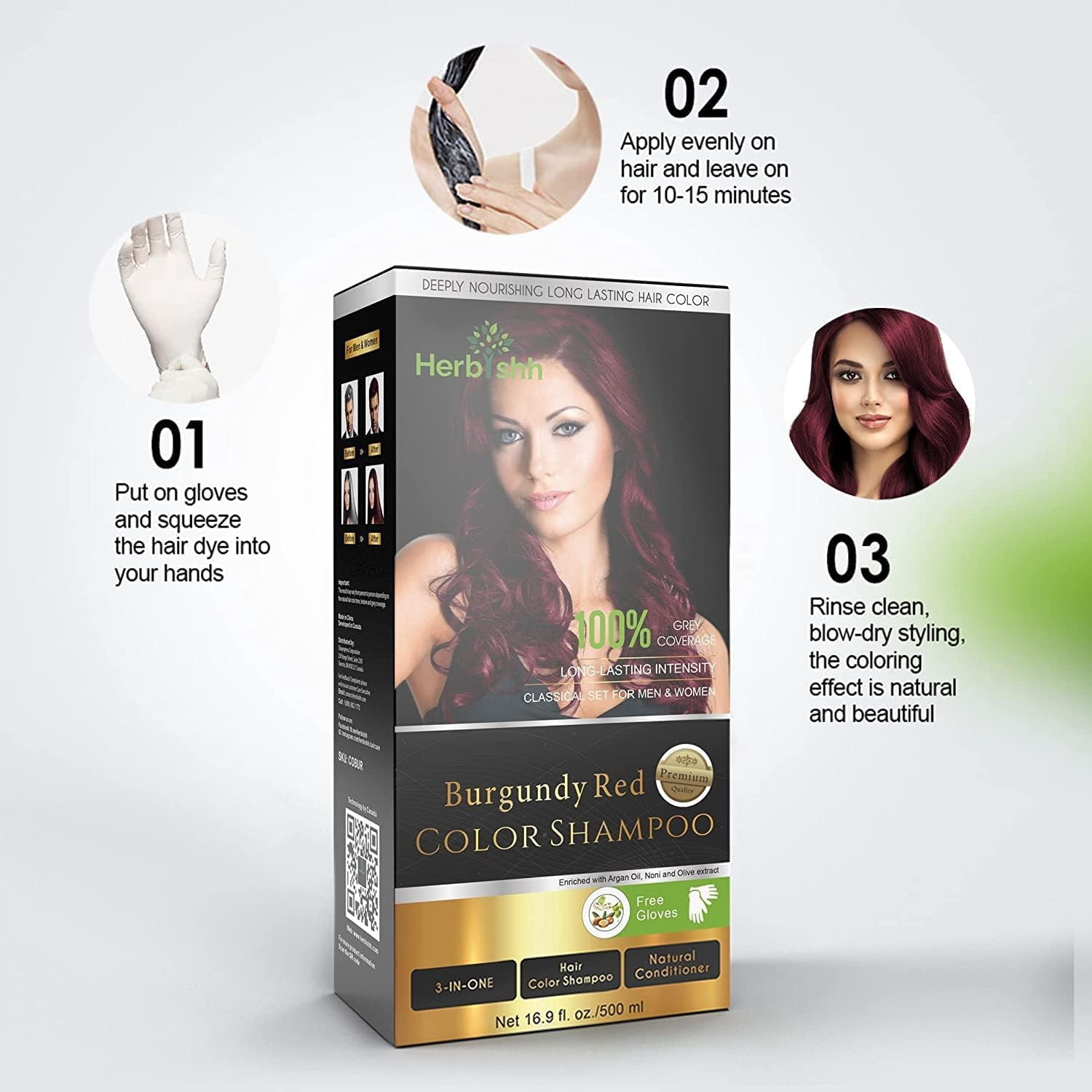 (4 pack) Herbishh Combo Pack - 2 Pc Hair Color Shampoo, Long Lasting Color, (500 ml, Burgundy) + 1 Pc Argan Hair Mask, Nourishes Dry & Frizzy Hair (150 ml)