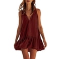 thumbnail image 2 of Wovilon Women's Sleeveless V Neck Lace-up Mini Dress, Loose Fit Ruffle Hem Cotton Linen Blend Top, Lightweight Breathable Soft Flowy Solid Short Tunic, 2 of 7