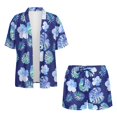 thumbnail image 4 of FKEKYI Blue Monstera Palm Leaf Print Womens 2 Pcs Short Set Open Front Shirt Top Summer Outfits Shorts with Elastic Waist Beachwear Breathable Lounge Set Resort Wear, XL, 4 of 7