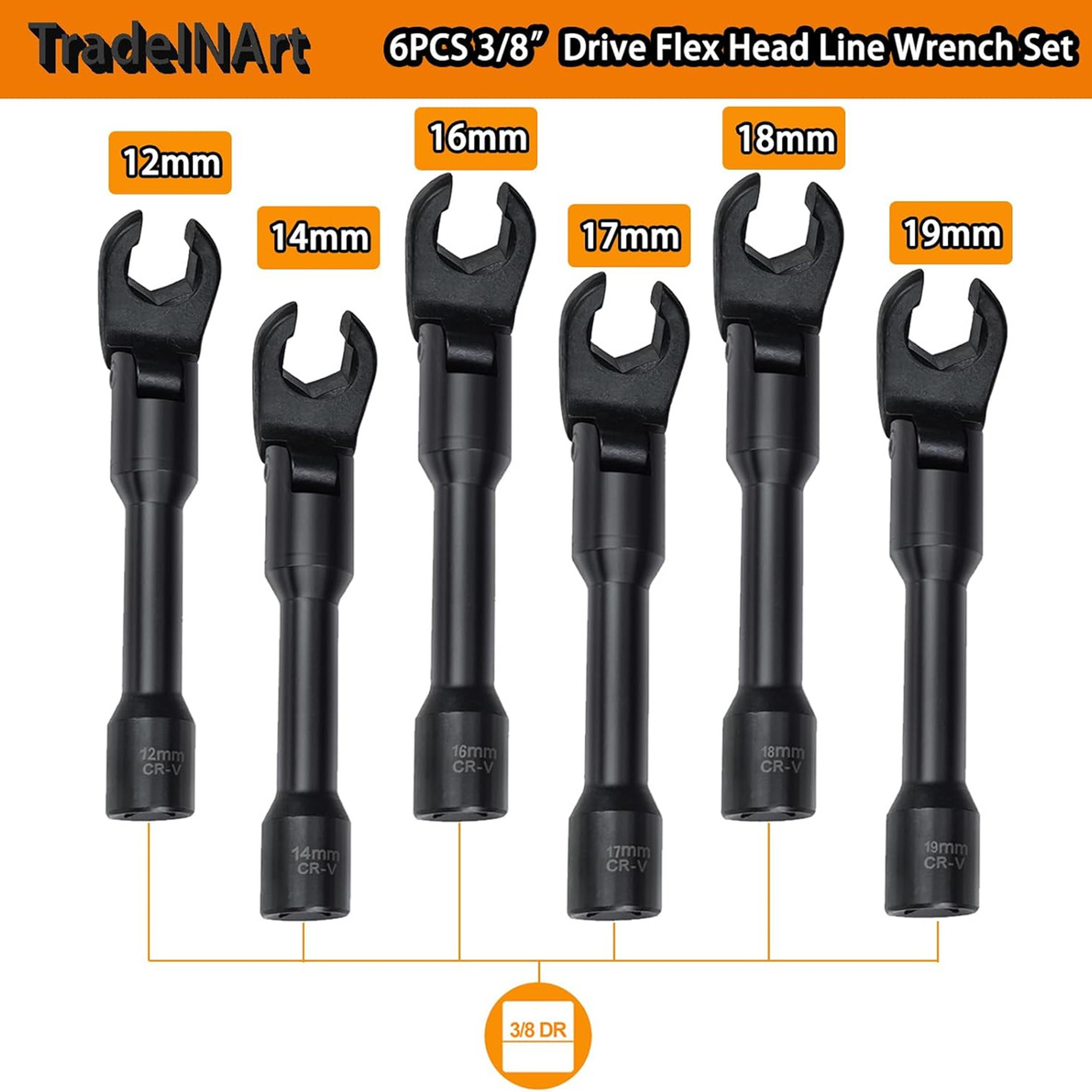 6 Piece Long Curved Head Line Wrench Set, 3/8 Inch Drive Syringe Fuel Line Fishtail Trumpet Socket Wrench Metric 12/14/16/17/18/19 mm