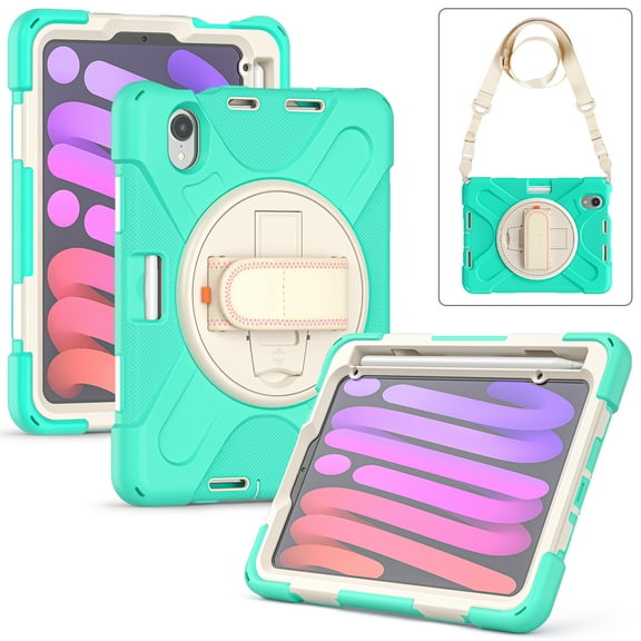 Portable Rugged Case for 2021 Apple iPad Mini 8.3" (6th Generation 2021 Release) - Rotating Stand Case with Adjustable Hand/Shoulder Strap, Built-in Pencil Holder, Shockproof Hard Cover (Mint Green)