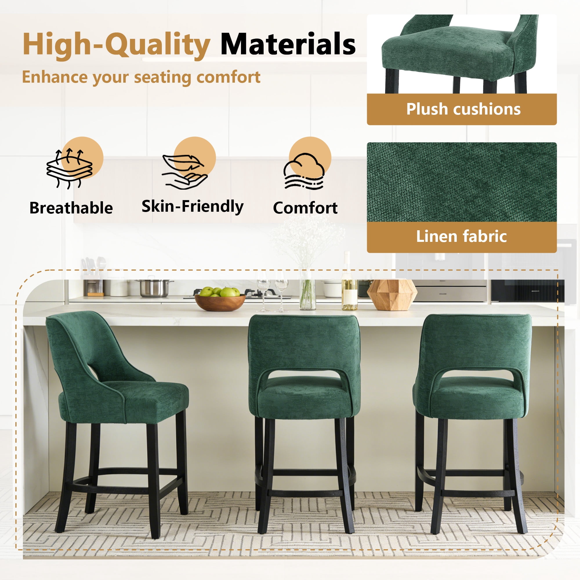 ClinQ 26'' Counter Height Bar Stools Set of 4, Upholstered Bar Stools With Black Curved Footrest， Modern Counter Stools with Back for Kitchen Island ，Green
