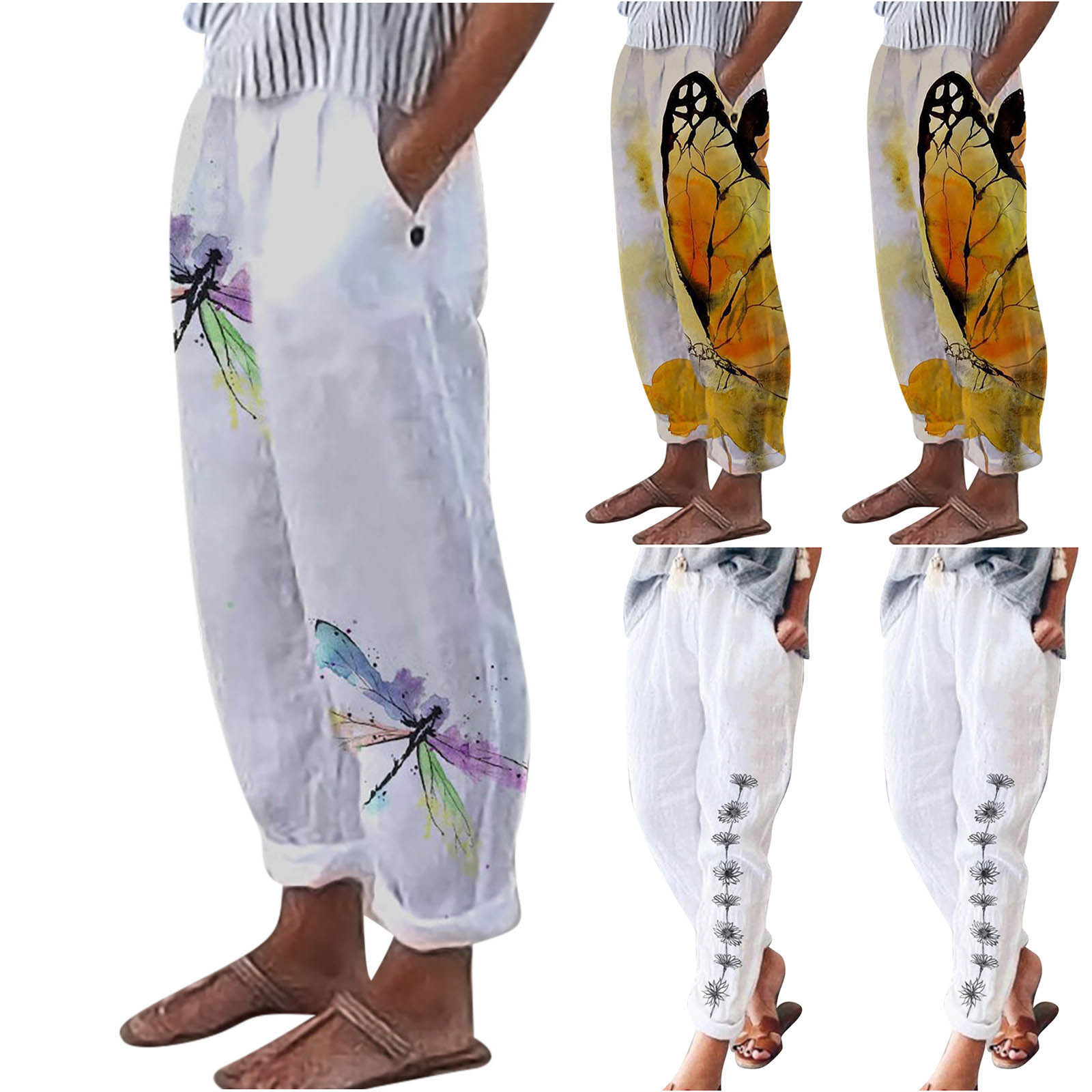 Women's Cotton Linen Harem Pants Vintage Dragonfly print Summer Elastic