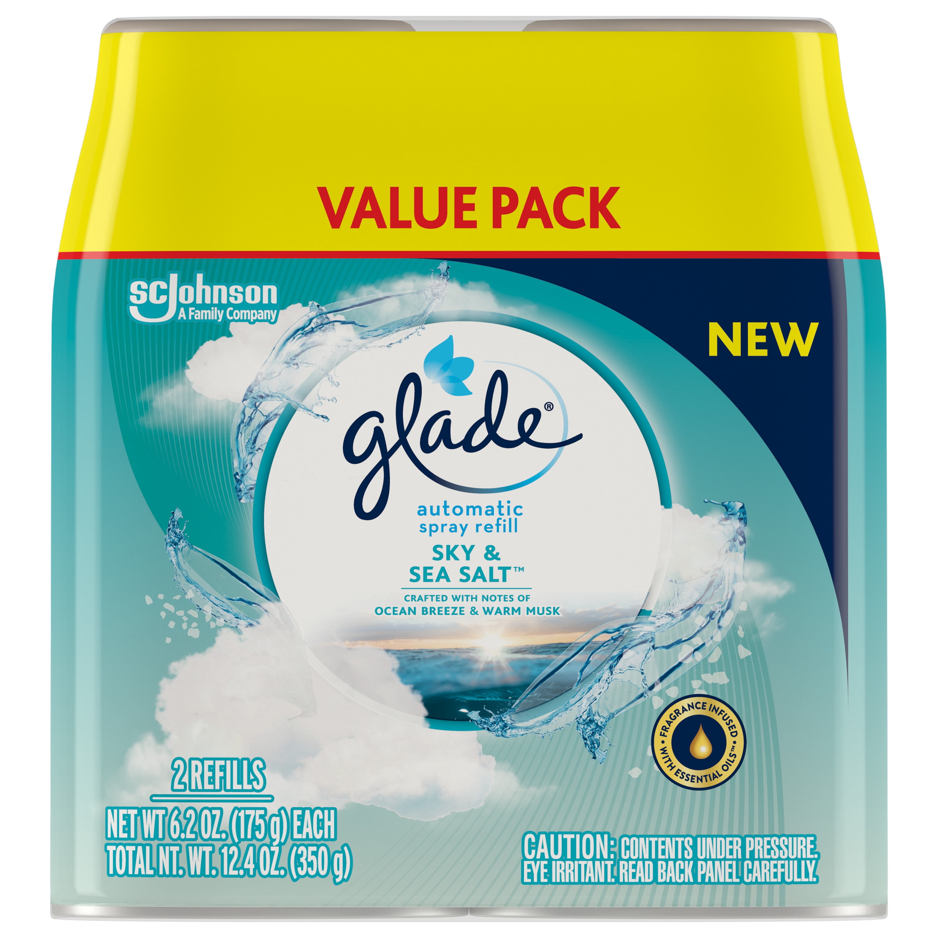 Glade Automatic Spray 2 Refills, Air Freshener, Sky & Sea Salt, 2 x 6.2 oz