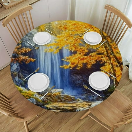 

Sheronv Waterfall Trees Rocks Round Table Cover Stain Resistant Washable Indoor Outdoor Tablecloth for Kitchen Dining Wedding Parties 100% Polyester Waterproof Resistant Fabric 46 -50