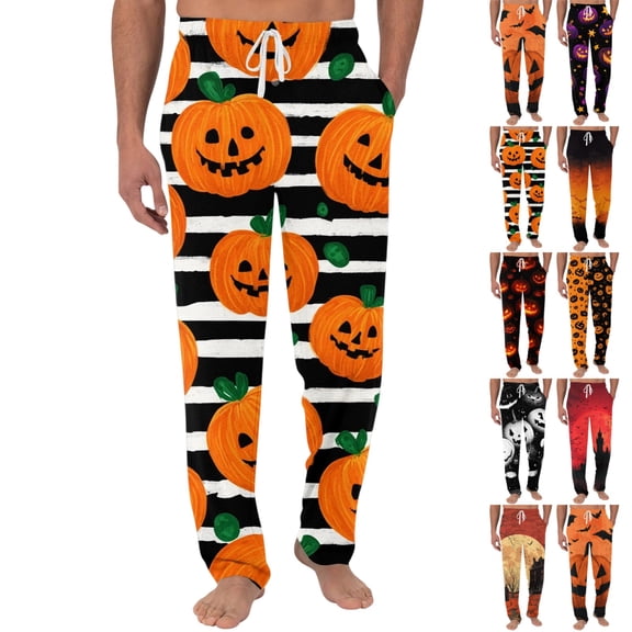 UDAUDU Halloween Pajama for Men Pumpkin Ghost Lightweight Pj Pants Elastic Waistband Halloween Lounge Sleep Bottoms with Pocket Saffron 2XL