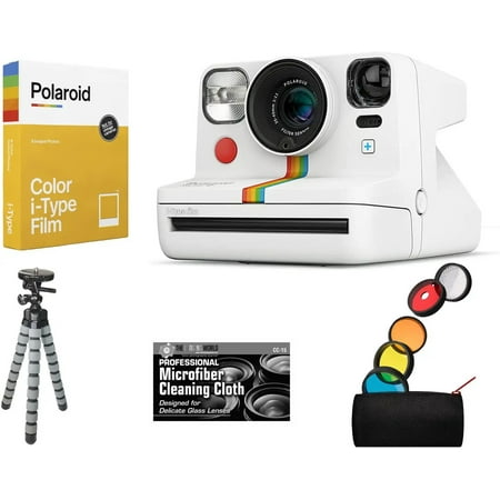 Bundle of Polaroid Now Plus Bluetooth Connected I-Type Instant Film Camera White + Table Tripod + Pack of Film + Microfiber Cloth