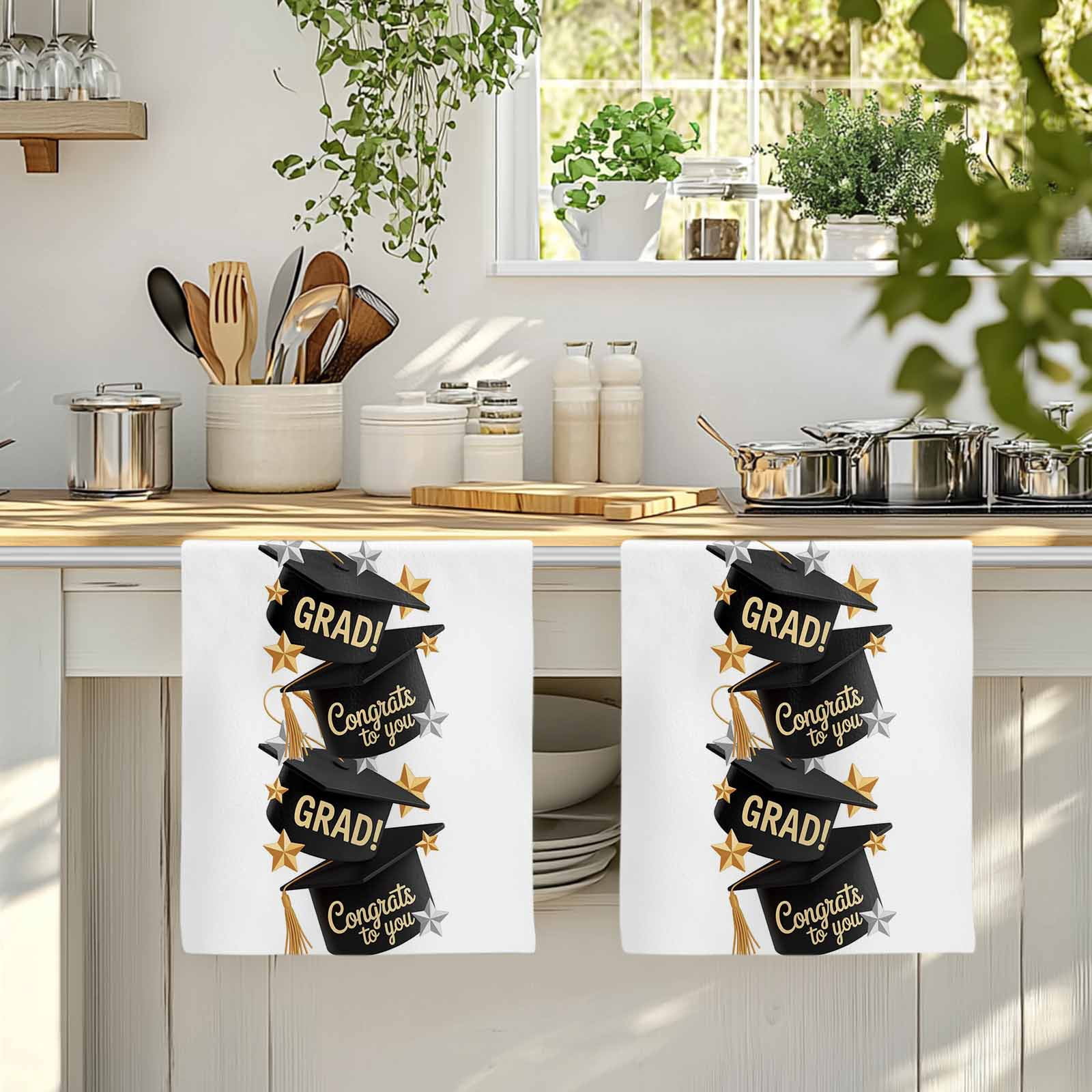 Graduate Kitchen Towels Set of 2, Funny Words Modern Art Absorbent Dish Towels for Kitchen, Microfiber Hand Towel, Quick Drying Tea Towel for Cleaning Decorative Dishcloths