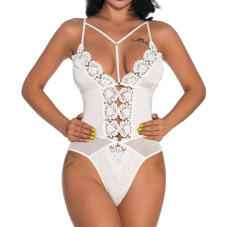 

Zuwimk Lingerie For Women Naughty Women Floral Lace Harness Lingerie Bodysuit One Piece Teddy White XL