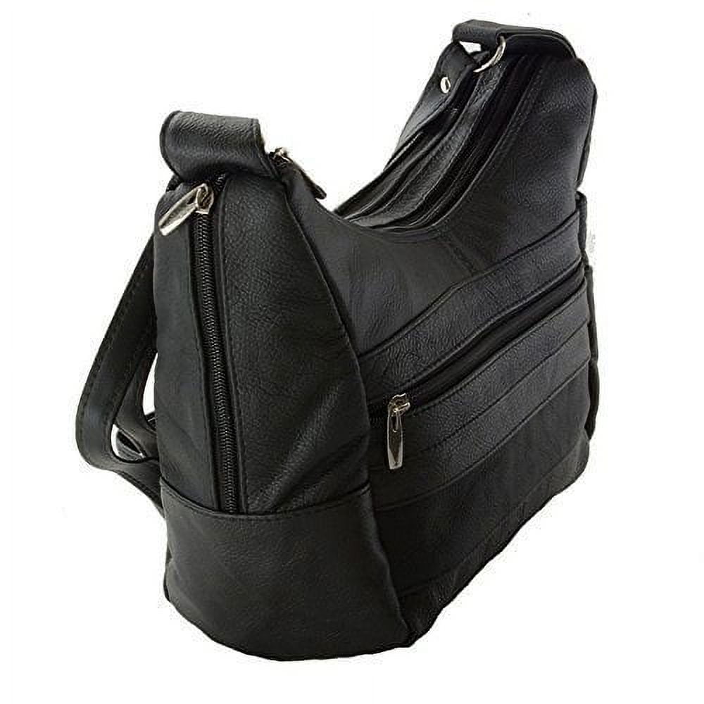Women's Genuine Leather Purse Adjustable Strap Mid Size Multi Pocket Shoulder Bag (Black)