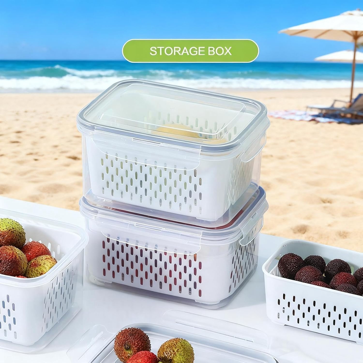 Fresh Produce Keeper - 2 Pack BPA Free Fridge Container, Salad Spinner Box With Strainer Insert, Leakproof Vegetable Saver For Crisper Drawer, Stackable Fruit Tote For Meal Prep, Lunch