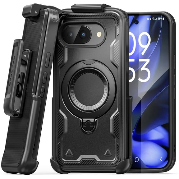 Encased for Google Pixel 9a Case with Belt Clip - Dual-Layer Phone Case with Rotating Magnetic Kickstand and Holster, Black (Compatible with MagSafe)