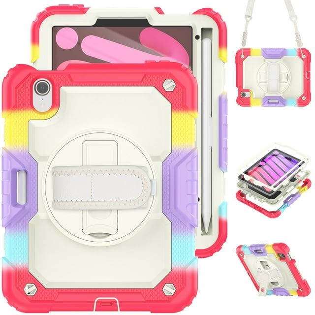 Case for iPad Mini 7 A17 Pro 2024/Mini 6 2021 8.3 Inch 7th/6th Gen with Screen Protector, 360 Degree Rotating Kickstand Hand Strap Shockproof Cover with Shoulder Strap, Rainbow Red