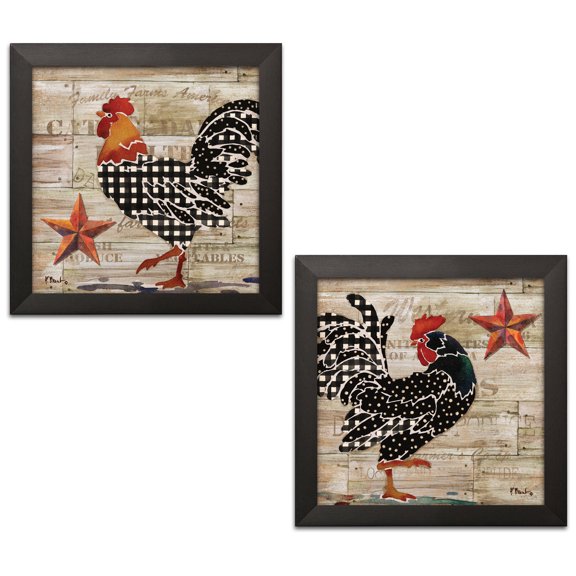 Gango Home Decor Brown and Black Farmhouse Rooster Adult Decor; 2 - 12" x 12" Black Frames