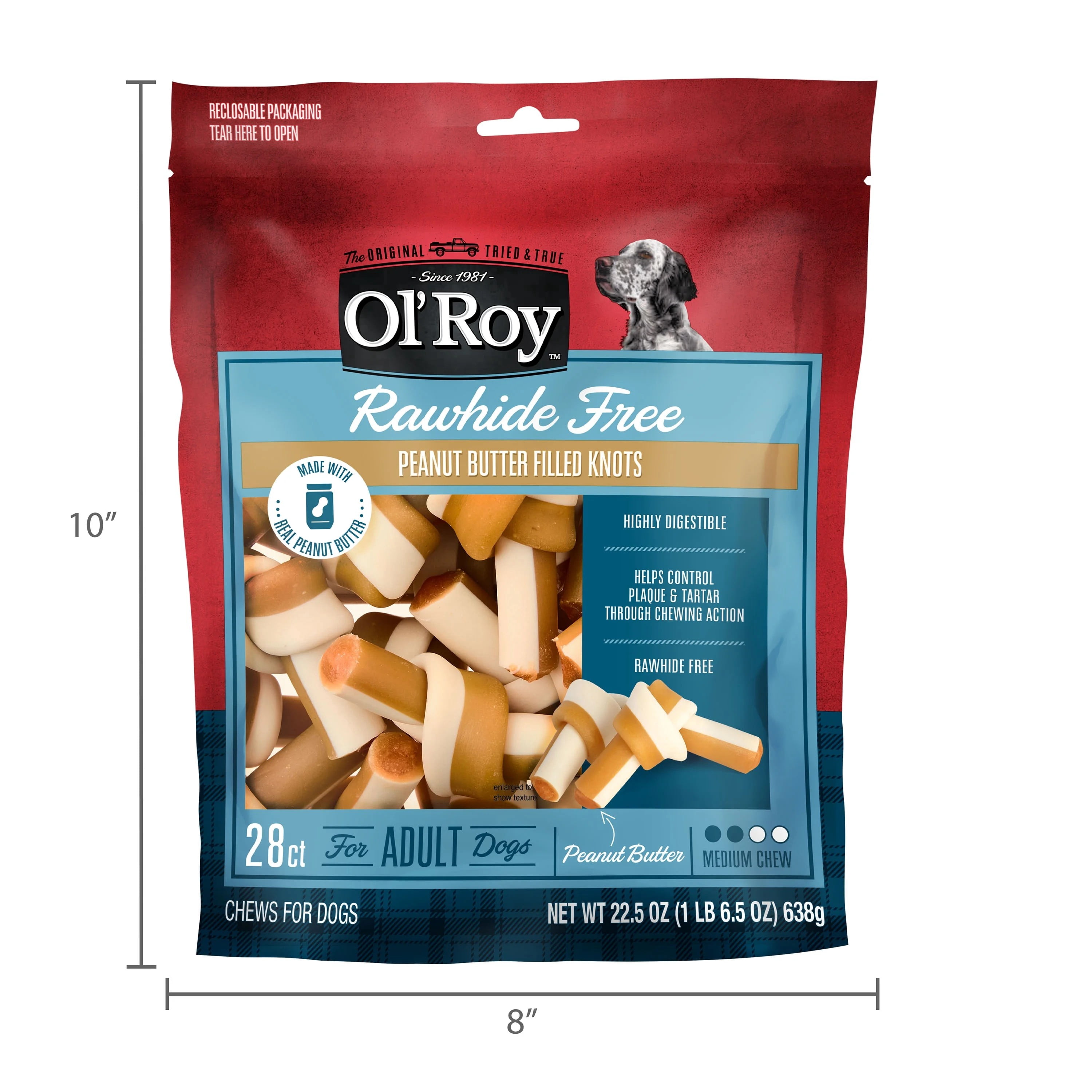 (4 pack) Ol' Roy Rawhide Free Peanut Butter Filled Knots, 22.5 oz Bag, 28 Count