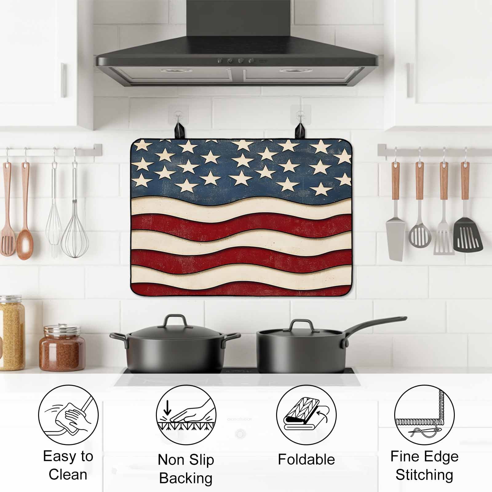 Retro American Flag Stove Top Cover for Electric Stove, Heat-proof & Non Slip Glass Top Stove Cover Protector, White Star Red Blue US Flag Kitchen Flat Cooktop Rubber Mat 24x21 Inches