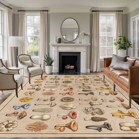 Mushroom Plants Area Rugs 8'x10', Washable Small Throw Rugs for Living Room Patio, Vintage Farmhous Botanical Brown Indoor Outdoor Rug Non-Slip Low Pile Carpet Runner Reversible Floor Mats