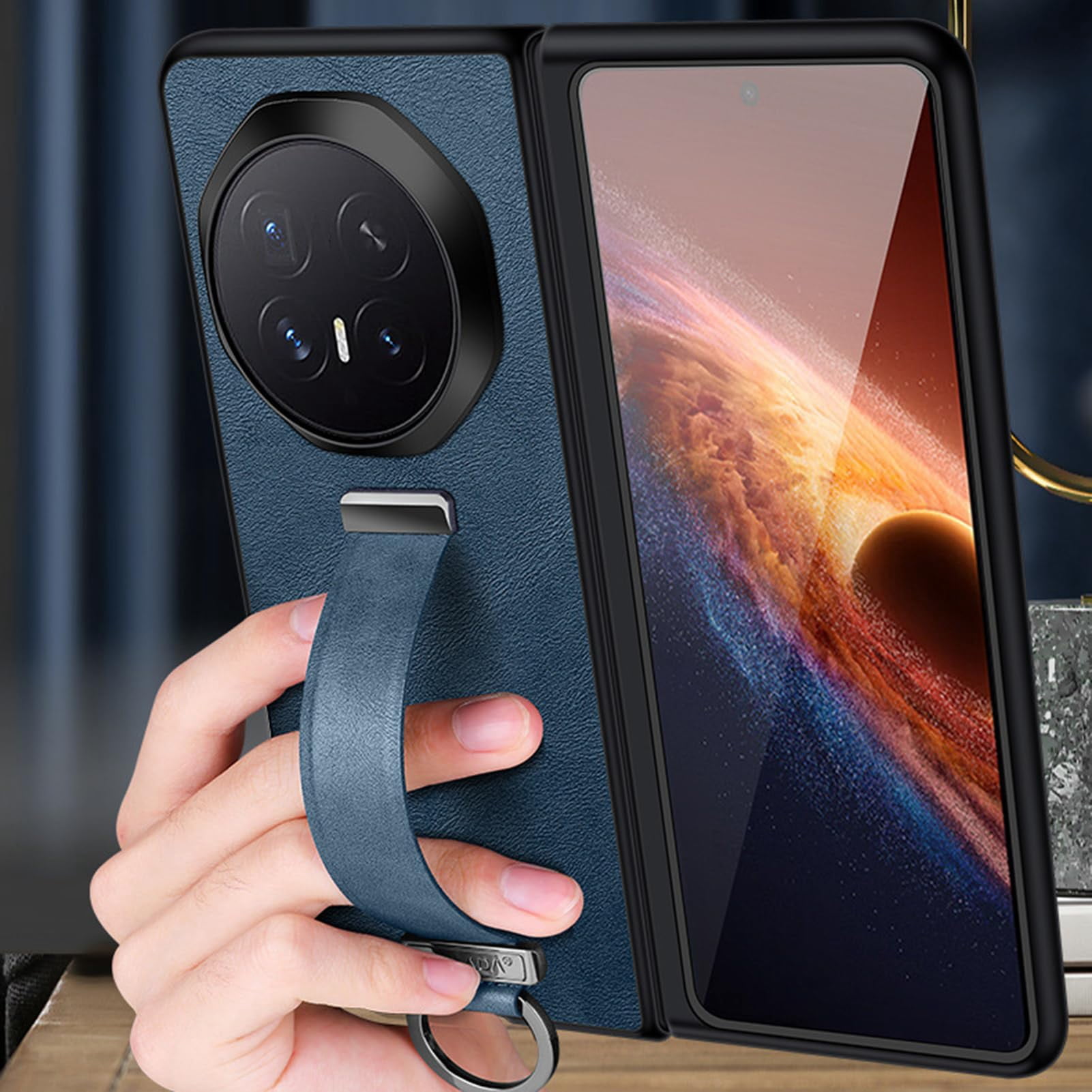 Case For Huawei Honor Magic V6, PU Leather Cover With Wristlet Camera Protective Kickstand Shell