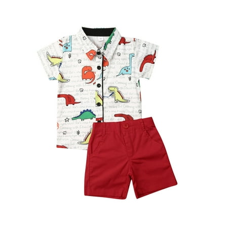 

Baby Boy Clothes Short Sleeve Shirt Button Down Dinosaur Top Short Pants Summer Outfits Set (Dinosaur Shirt Green Shorts