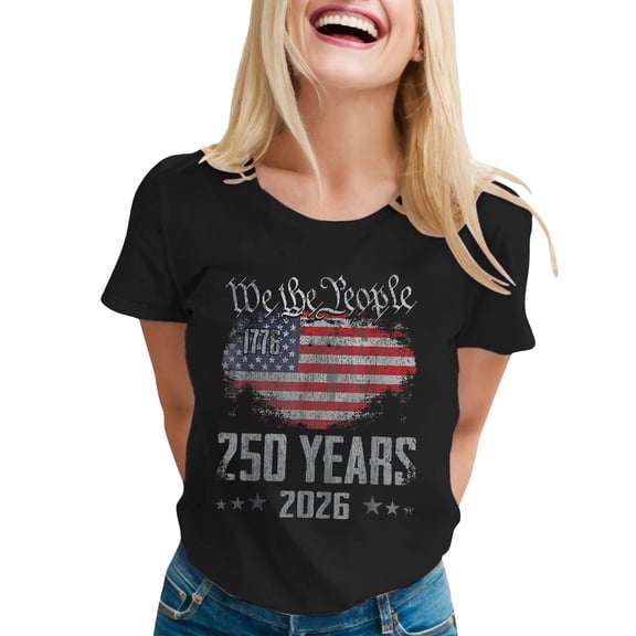 CUSTG Women T-Shirts Casual Short Sleeve Round Neck T Shirt With Letter Print American Flag Print Round Neck Everyday 4th Of July Holiday 1776-2026 Tops
