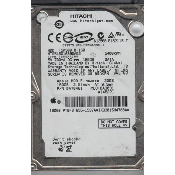 HTS545016B9SA02, PN 0A70461, MLC DA3031, Hitachi 160GB SATA 2.5 Hard Drive
